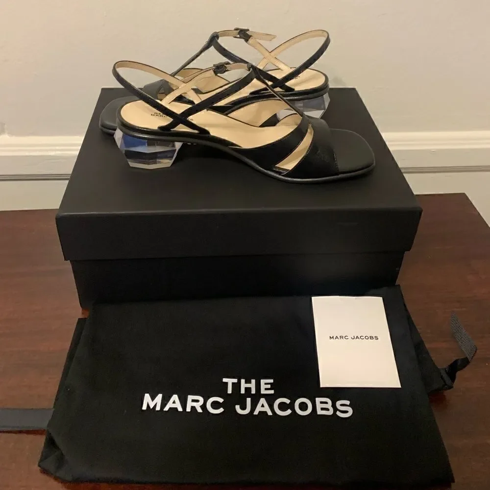 Marc Jacob Women’s heel T- stripe leather black sandal Sz  US6,5-7/ EU 37, NIB